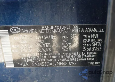 2022 Hyundai Santa Fe Sel from USA, damaged, VIN 5NMS2DAJ2NH480292
